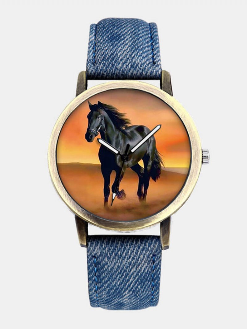 Casual All-match Denim Strap Męski Zegarek Black Horse Desert Dial Women Quartz Watch