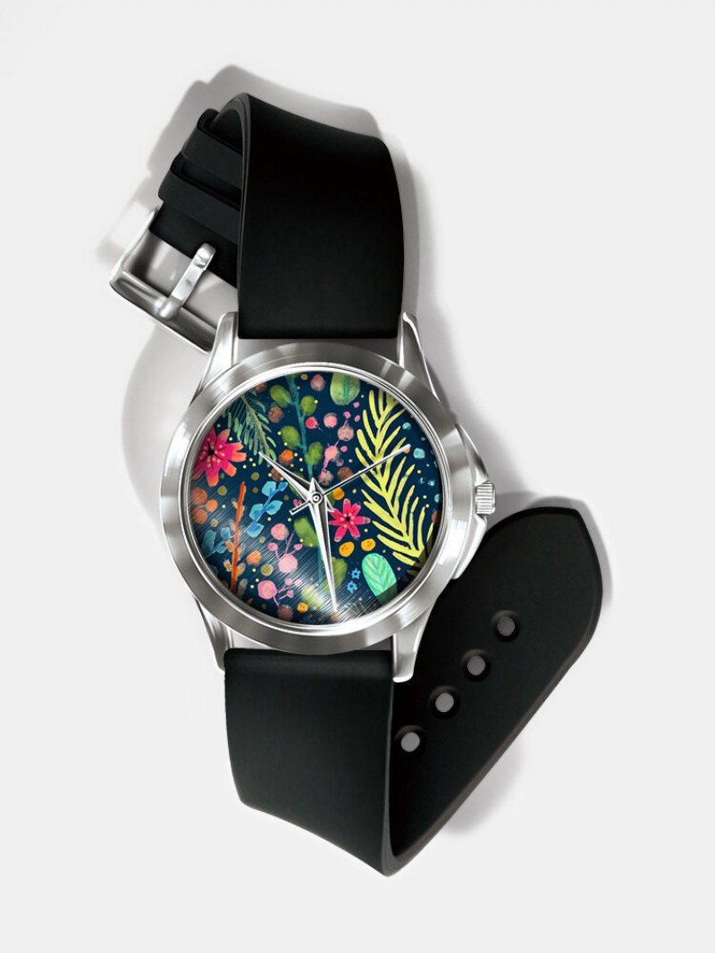 Casual Watercolor Women Wrist Watch Pvc Band Leaf Bird Fruit Pattern Men Quartz