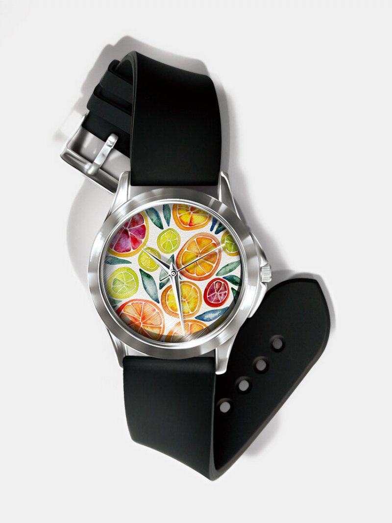 Casual Watercolor Women Wrist Watch Pvc Band Leaf Bird Fruit Pattern Men Quartz