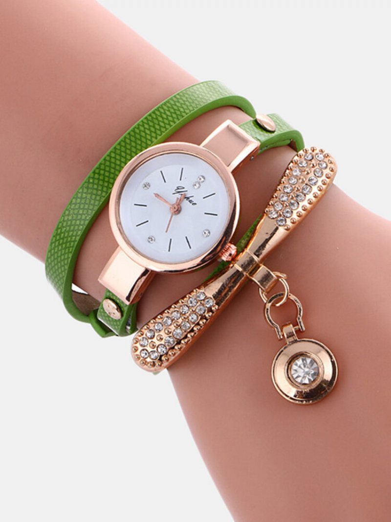 Casual Women Watch Skórzany Pasek Rhinestone Metal Dekoracyjne Kółko Wisiorek Wielowarstwowy Zegarek Kwarcowy