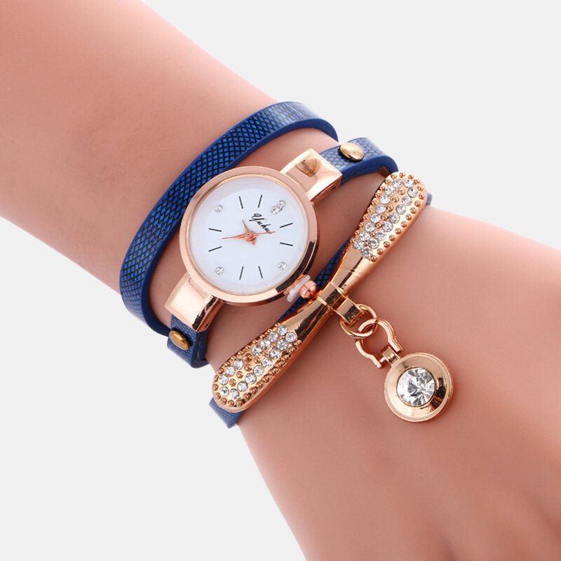 Casual Women Watch Skórzany Pasek Rhinestone Metal Dekoracyjne Kółko Wisiorek Wielowarstwowy Zegarek Kwarcowy