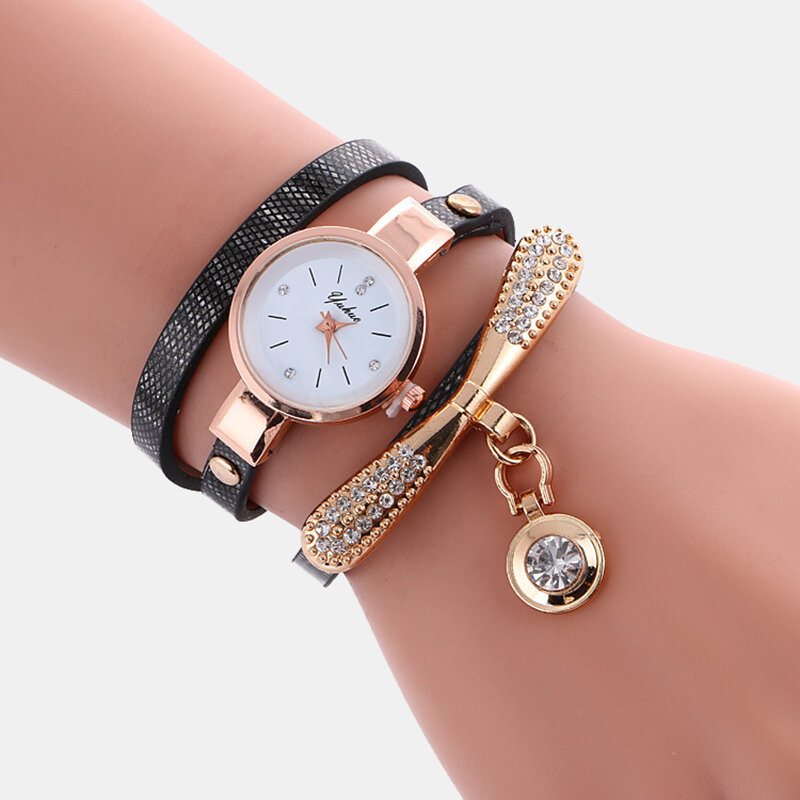 Casual Women Watch Skórzany Pasek Rhinestone Metal Dekoracyjne Kółko Wisiorek Wielowarstwowy Zegarek Kwarcowy