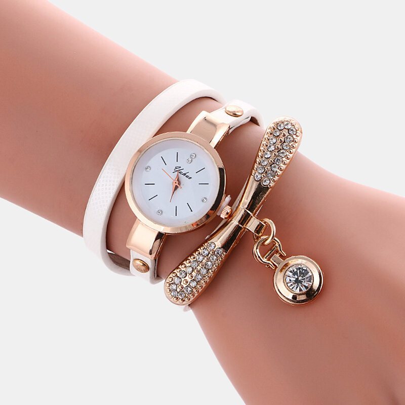 Casual Women Watch Skórzany Pasek Rhinestone Metal Dekoracyjne Kółko Wisiorek Wielowarstwowy Zegarek Kwarcowy