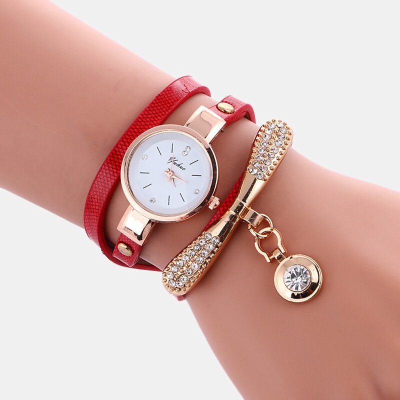 Casual Women Watch Skórzany Pasek Rhinestone Metal Dekoracyjne Kółko Wisiorek Wielowarstwowy Zegarek Kwarcowy