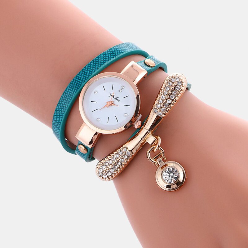 Casual Women Watch Skórzany Pasek Rhinestone Metal Dekoracyjne Kółko Wisiorek Wielowarstwowy Zegarek Kwarcowy