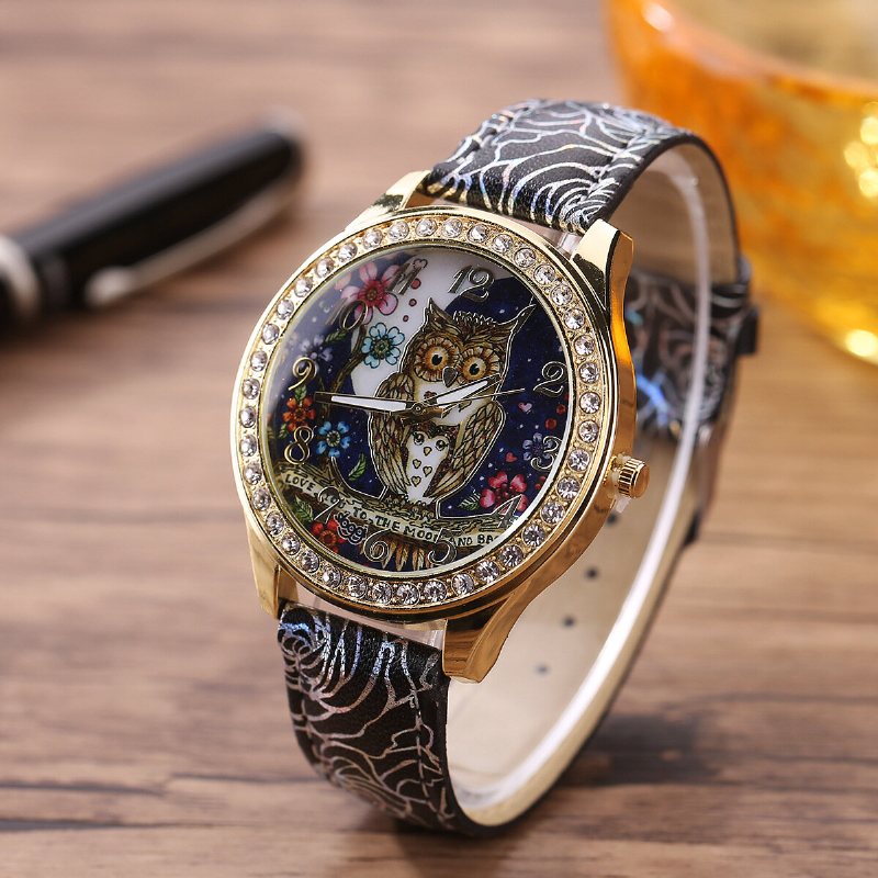 Fashion Owl Flower Leather Rhinestone Quartz Nadgarstek Hurtownia Zegarków Ladies Gift