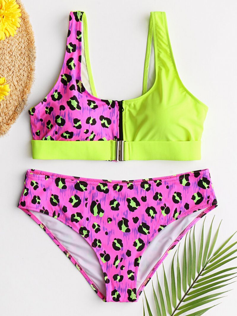 Kobiety Kamizelka Bikini Leopard Patchwork Przednia Klamra Zipper Sexy Stroje Kąpielowe