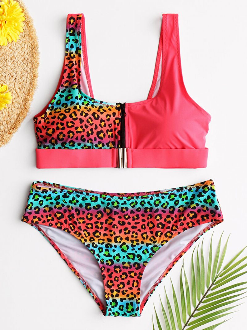 Kobiety Kamizelka Bikini Leopard Patchwork Przednia Klamra Zipper Sexy Stroje Kąpielowe