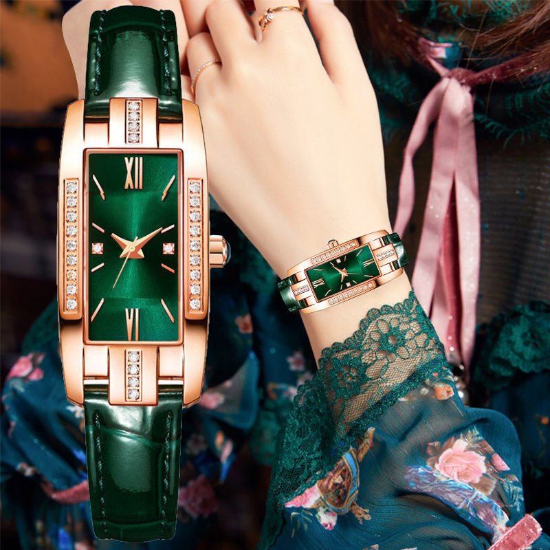 Mały Zielony Pasek Diamentowy Kwadratowy Zegarek Dziewczęcy Retro Fashion Women's Watch