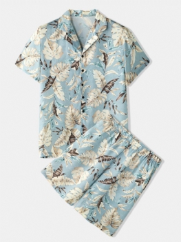 Mężczyźni Tropical Leaves Print Loungewear Dwuczęściowa Piżama Ze Sztucznego Jedwabiu Lapeal Collar Cienka Bielizna Nocna