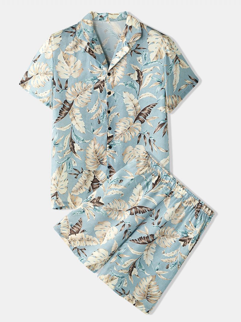 Mężczyźni Tropical Leaves Print Loungewear Dwuczęściowa Piżama Ze Sztucznego Jedwabiu Lapeal Collar Cienka Bielizna Nocna