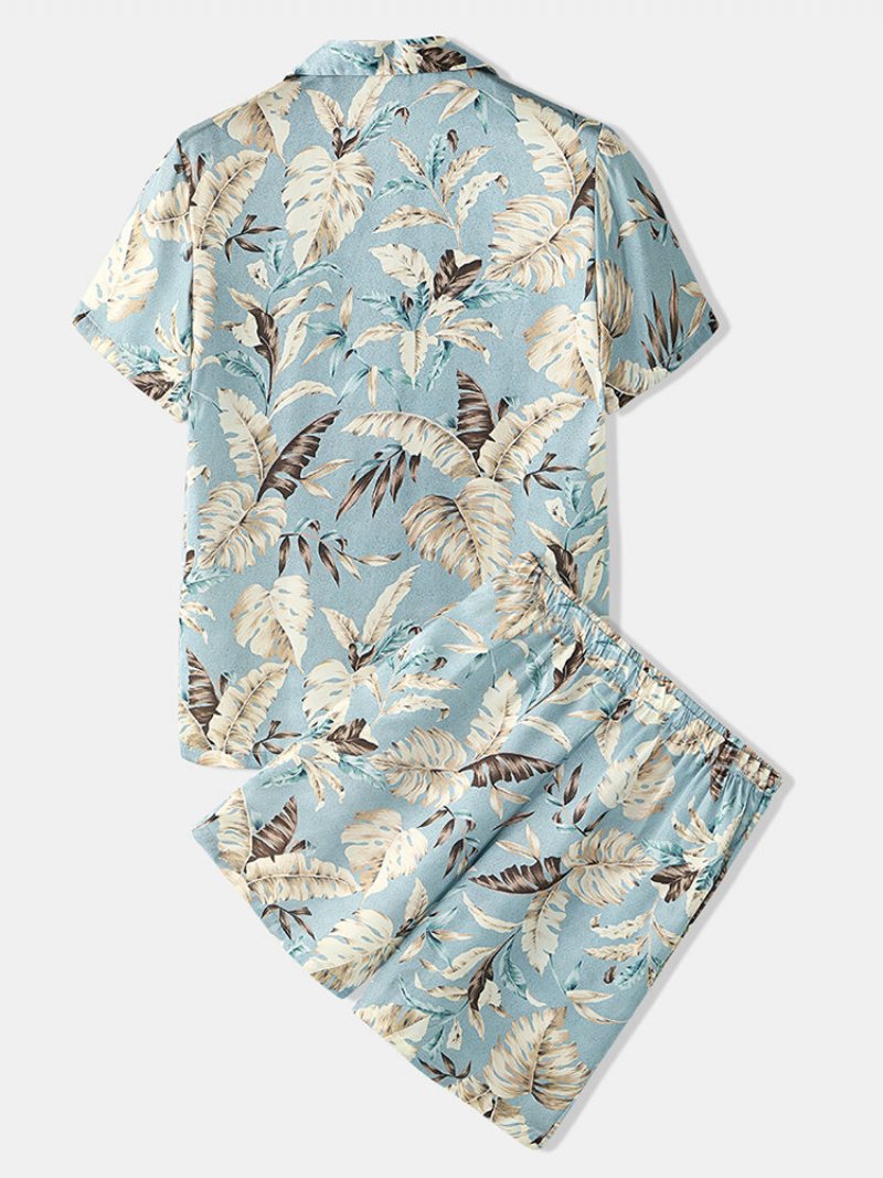 Mężczyźni Tropical Leaves Print Loungewear Dwuczęściowa Piżama Ze Sztucznego Jedwabiu Lapeal Collar Cienka Bielizna Nocna