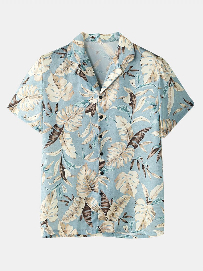 Mężczyźni Tropical Leaves Print Loungewear Dwuczęściowa Piżama Ze Sztucznego Jedwabiu Lapeal Collar Cienka Bielizna Nocna