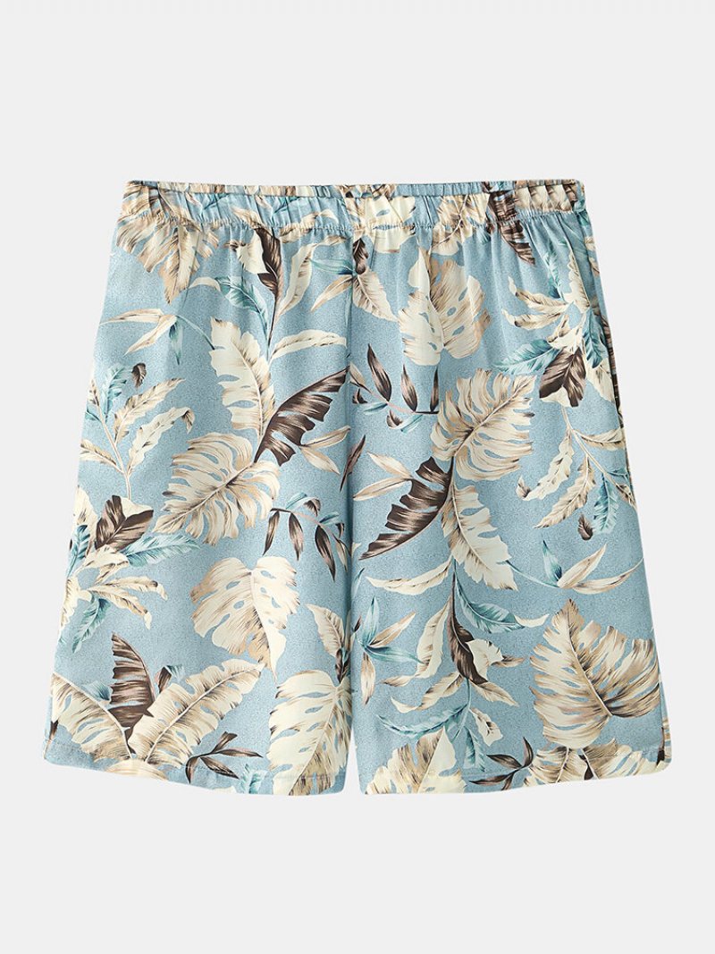 Mężczyźni Tropical Leaves Print Loungewear Dwuczęściowa Piżama Ze Sztucznego Jedwabiu Lapeal Collar Cienka Bielizna Nocna