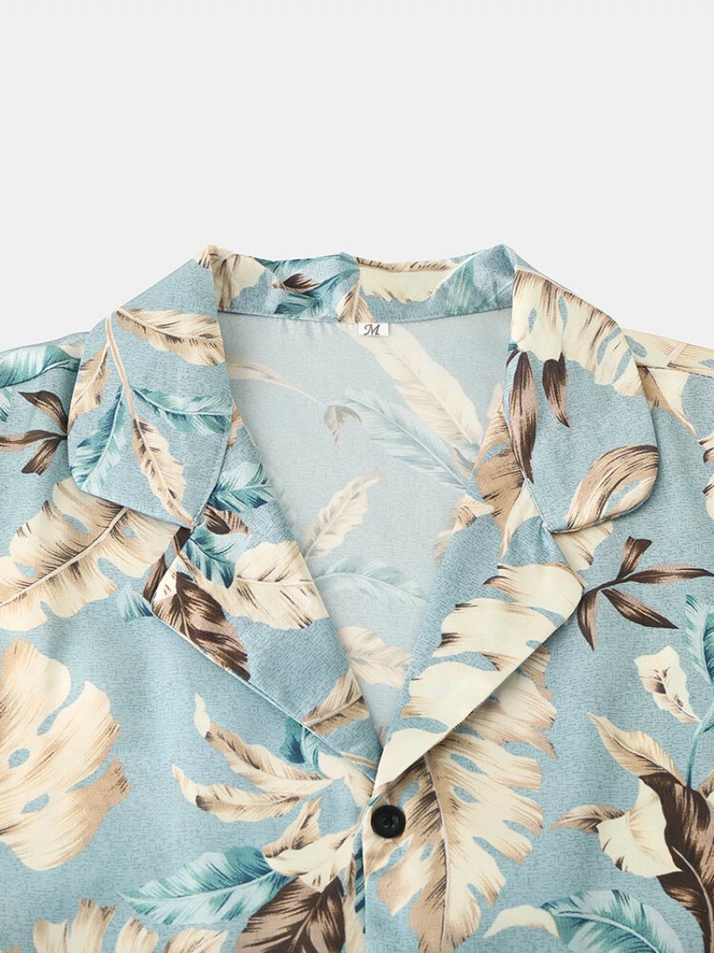 Mężczyźni Tropical Leaves Print Loungewear Dwuczęściowa Piżama Ze Sztucznego Jedwabiu Lapeal Collar Cienka Bielizna Nocna