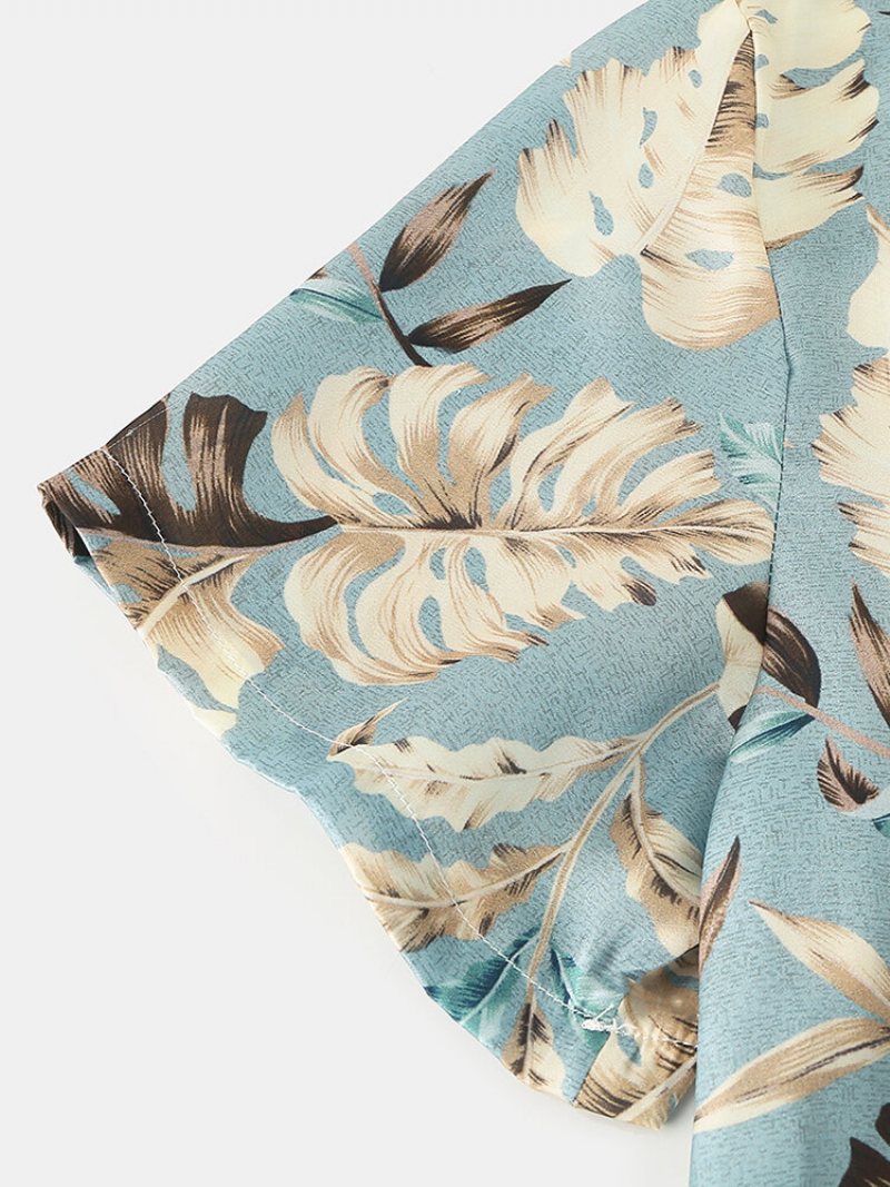 Mężczyźni Tropical Leaves Print Loungewear Dwuczęściowa Piżama Ze Sztucznego Jedwabiu Lapeal Collar Cienka Bielizna Nocna