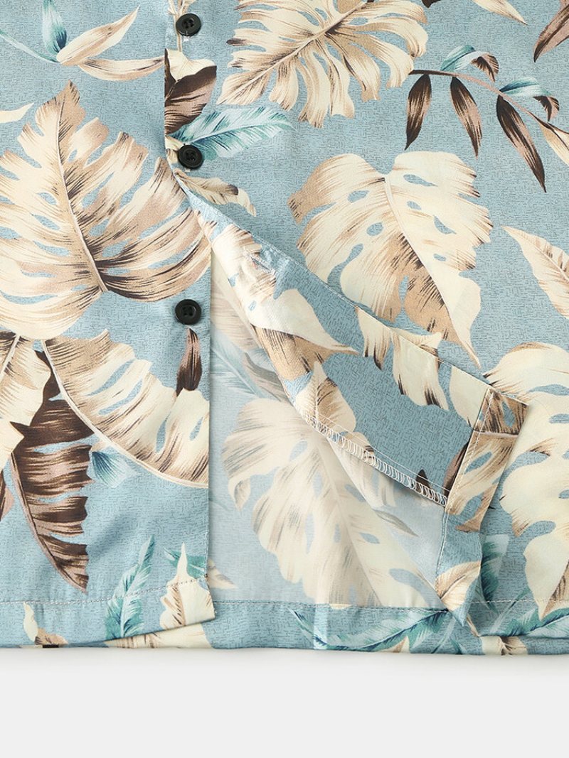 Mężczyźni Tropical Leaves Print Loungewear Dwuczęściowa Piżama Ze Sztucznego Jedwabiu Lapeal Collar Cienka Bielizna Nocna