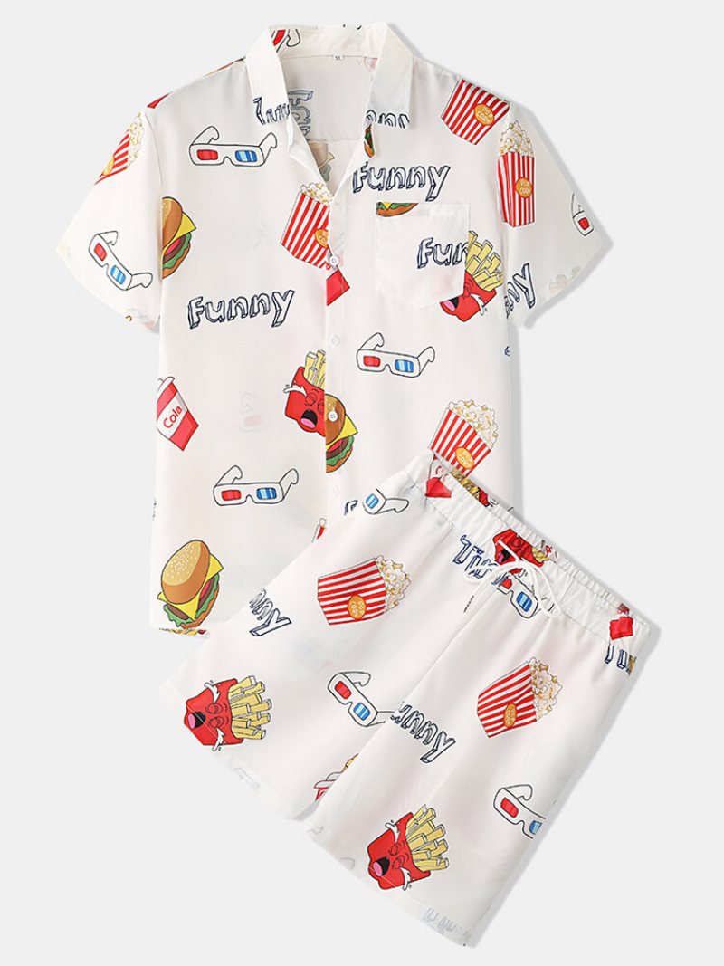 Męskie Śmieszne Nadruki Hamburger Loungewear Zestawy Dwuczęściowy Kołnierz Z Klapami Cienkie Letnie Piżamy Z Krótkim Rękawem