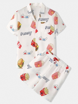 Męskie Śmieszne Nadruki Hamburger Loungewear Zestawy Dwuczęściowy Kołnierz Z Klapami Cienkie Letnie Piżamy Z Krótkim Rękawem