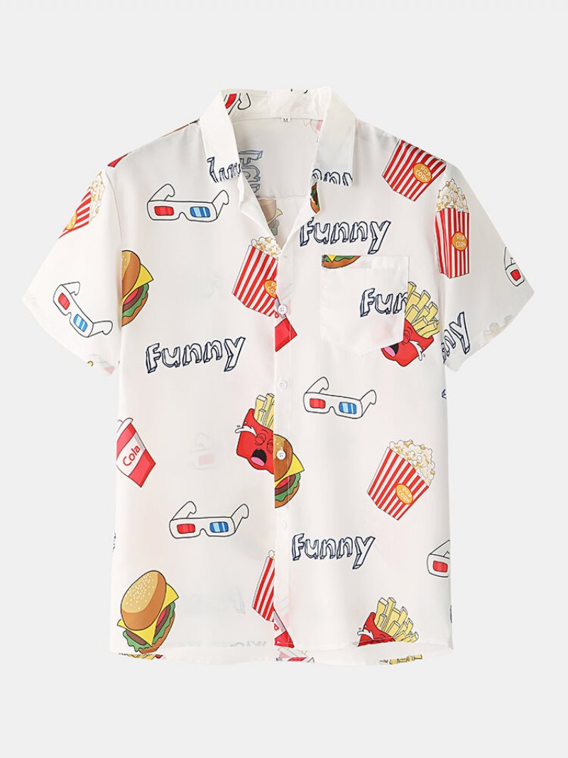 Męskie Śmieszne Nadruki Hamburger Loungewear Zestawy Dwuczęściowy Kołnierz Z Klapami Cienkie Letnie Piżamy Z Krótkim Rękawem