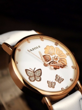 Moda Butterfly Flower Dial Watch Skórzany Diamentowy Zegarek Damski