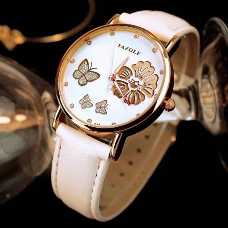 Moda Butterfly Flower Dial Watch Skórzany Diamentowy Zegarek Damski