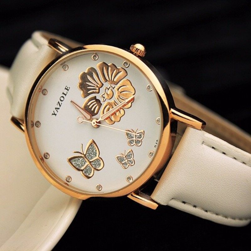 Moda Butterfly Flower Dial Watch Skórzany Diamentowy Zegarek Damski