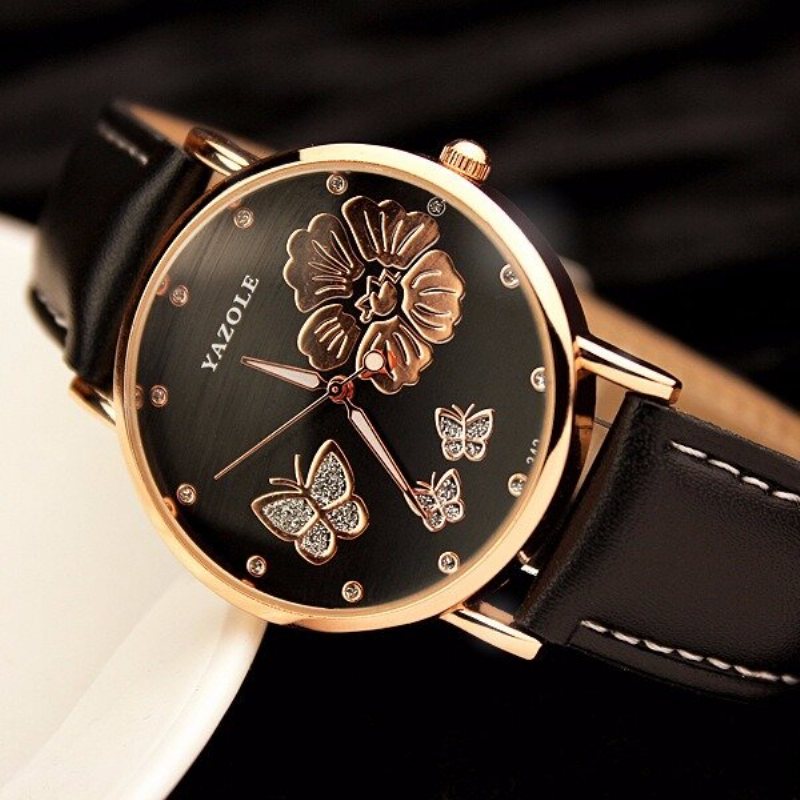 Moda Butterfly Flower Dial Watch Skórzany Diamentowy Zegarek Damski