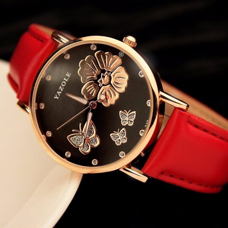 Moda Butterfly Flower Dial Watch Skórzany Diamentowy Zegarek Damski