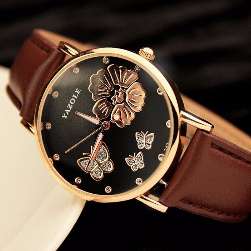 Moda Butterfly Flower Dial Watch Skórzany Diamentowy Zegarek Damski