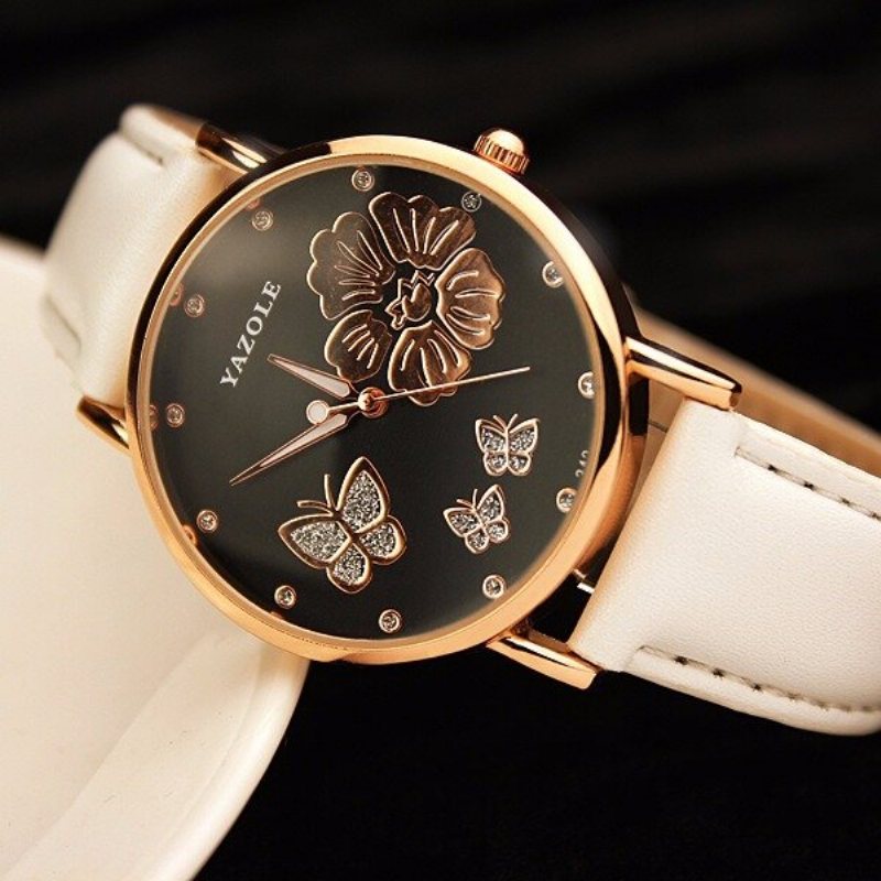 Moda Butterfly Flower Dial Watch Skórzany Diamentowy Zegarek Damski