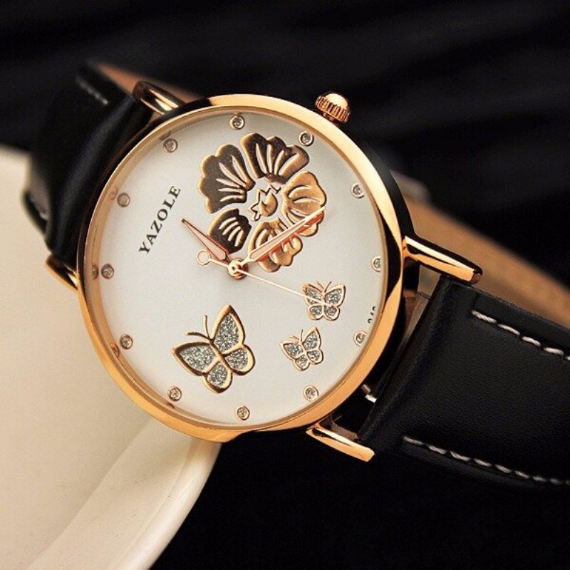 Moda Butterfly Flower Dial Watch Skórzany Diamentowy Zegarek Damski