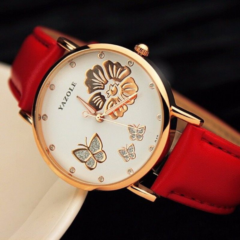 Moda Butterfly Flower Dial Watch Skórzany Diamentowy Zegarek Damski