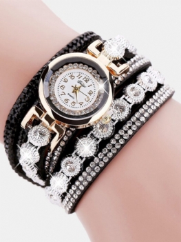 Modny Wielowarstwowy Zegarek Na Rękę Bling Rhinestone Round Dial Bransoletka Damski