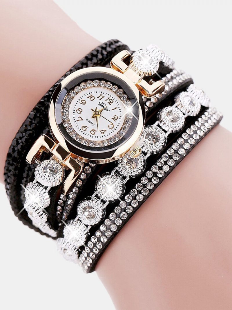 Modny Wielowarstwowy Zegarek Na Rękę Bling Rhinestone Round Dial Bransoletka Damski