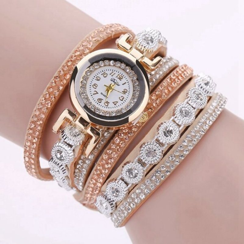 Modny Wielowarstwowy Zegarek Na Rękę Bling Rhinestone Round Dial Bransoletka Damski