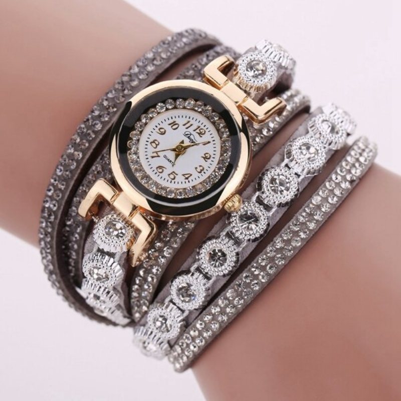 Modny Wielowarstwowy Zegarek Na Rękę Bling Rhinestone Round Dial Bransoletka Damski