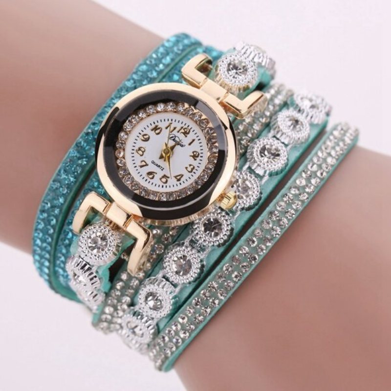 Modny Wielowarstwowy Zegarek Na Rękę Bling Rhinestone Round Dial Bransoletka Damski