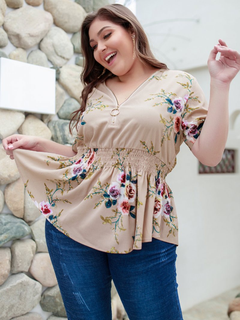 Plus Size Bluzka Z Dekoltem W Kształcie Litery V W Kwiecisty Wzór W Kolorze Khaki