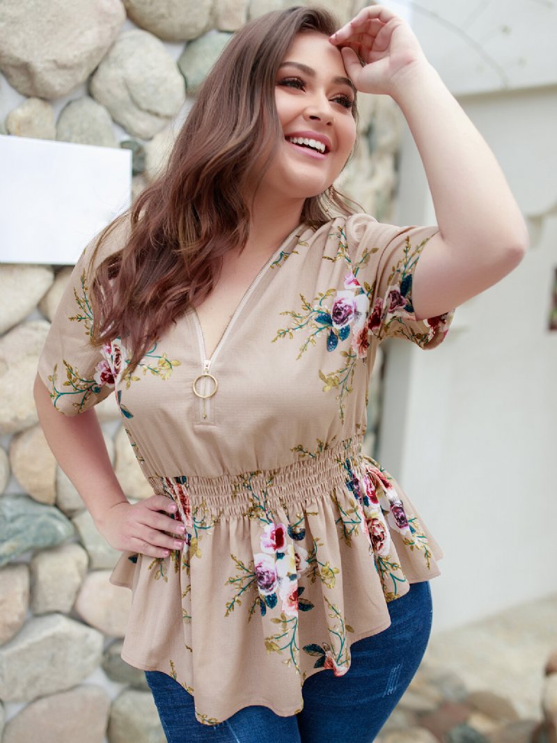 Plus Size Bluzka Z Dekoltem W Kształcie Litery V W Kwiecisty Wzór W Kolorze Khaki