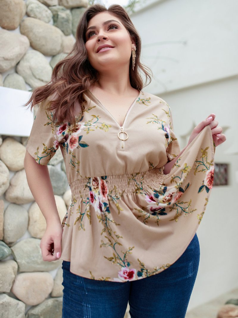 Plus Size Bluzka Z Dekoltem W Kształcie Litery V W Kwiecisty Wzór W Kolorze Khaki