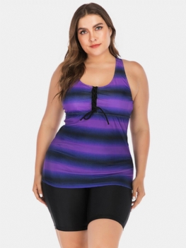 Plus Size Women Tankini Front Bandage Stripe Gradient Cover Belly Stroje Kąpielowe