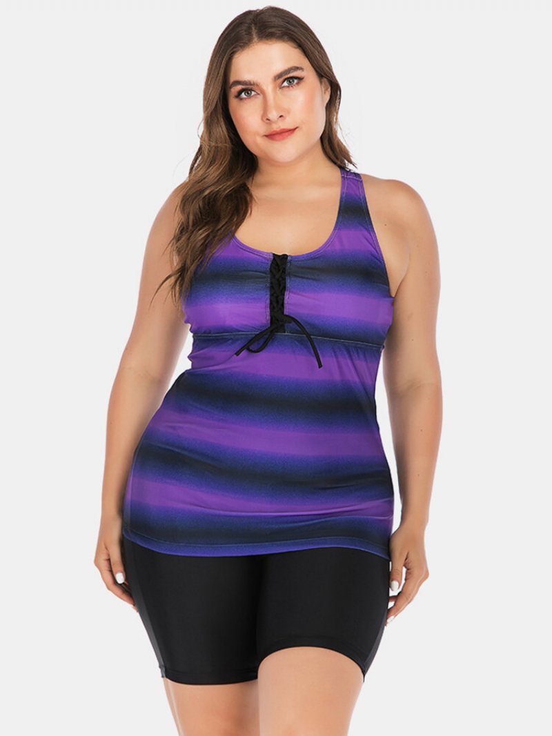 Plus Size Women Tankini Front Bandage Stripe Gradient Cover Belly Stroje Kąpielowe