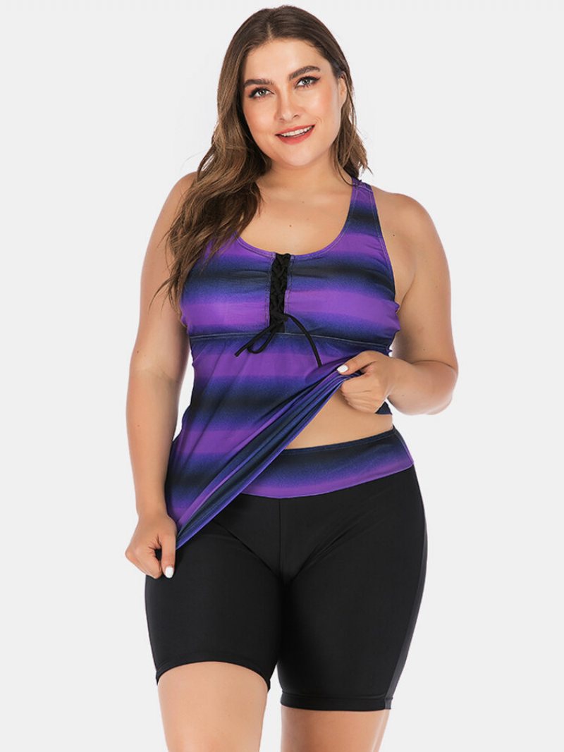 Plus Size Women Tankini Front Bandage Stripe Gradient Cover Belly Stroje Kąpielowe