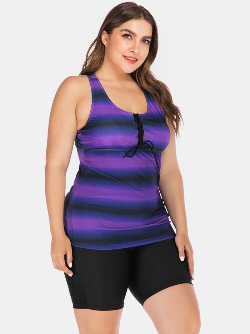 Plus Size Women Tankini Front Bandage Stripe Gradient Cover Belly Stroje Kąpielowe