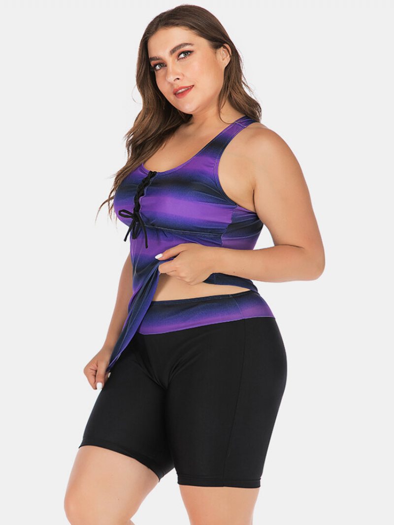 Plus Size Women Tankini Front Bandage Stripe Gradient Cover Belly Stroje Kąpielowe