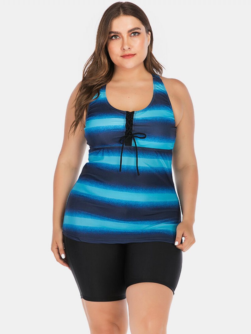 Plus Size Women Tankini Front Bandage Stripe Gradient Cover Belly Stroje Kąpielowe