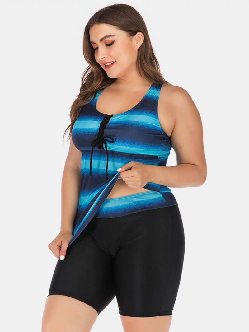 Plus Size Women Tankini Front Bandage Stripe Gradient Cover Belly Stroje Kąpielowe