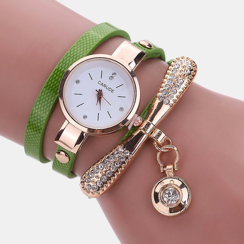 Retro Pu Pasek Wielowarstwowy Zegarek Metalowy Geometryczny Rhinestone Bow Wisiorek Kwarcowy