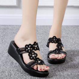 Sandały Damskie Na Co Dzień Hollow Rhinestone Flowers Peep Toe Kliny